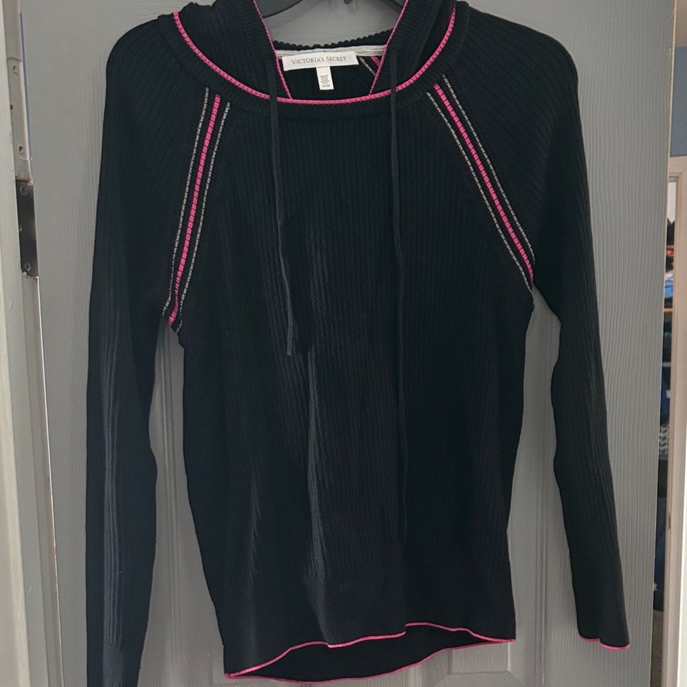 Victoria's Secret Black Ribbed Hoodie with Pink Contrast Trim